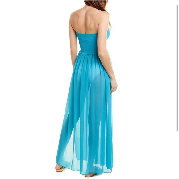 Ramy Brook Calista Strapless Georgette Cover-Up Maxi Dress Teal Smocked Sheer XS - Picture 2 of 12